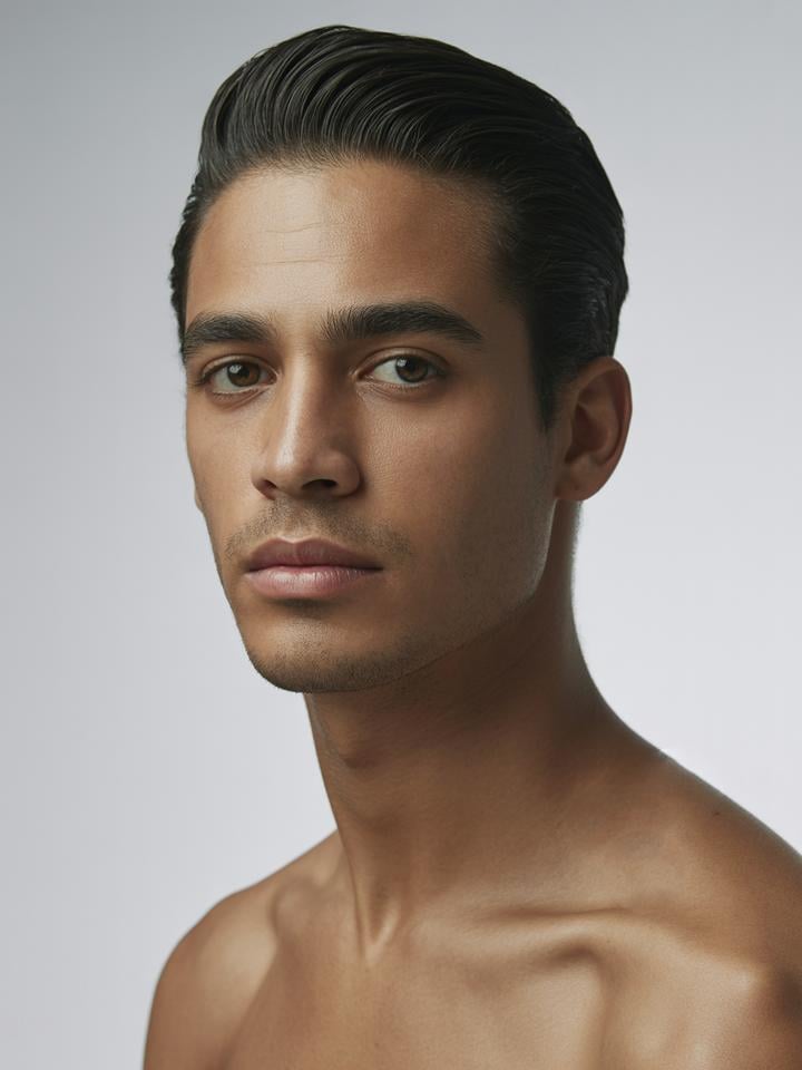 Diego — AI fashion model: Slicked dark hair, clean-shaven, refined